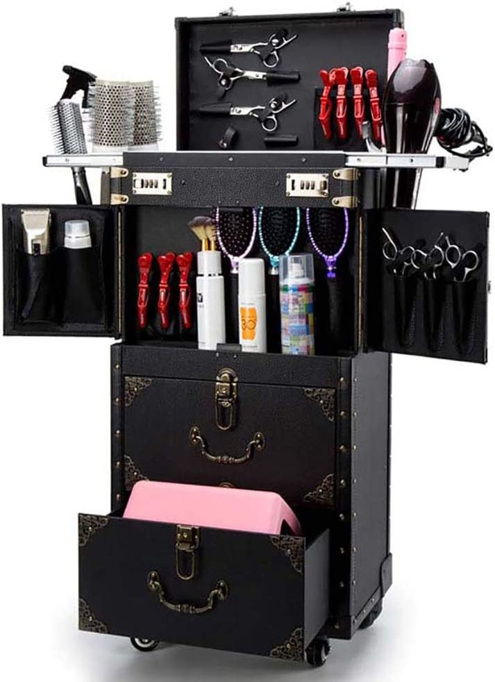 251101102123737_1 ASCASE Rolling Lockable Makeup Train Case Hairdressing Trolley Stylist Beauty Salon Cosmetic Luggage Travel Organizer Tool Box with Hair Dryer Holder - Image 1